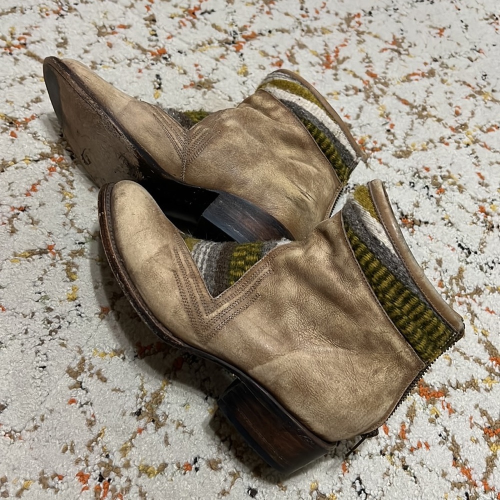 Women's Beige Leather Ankle Boots with Olive Knit Detail